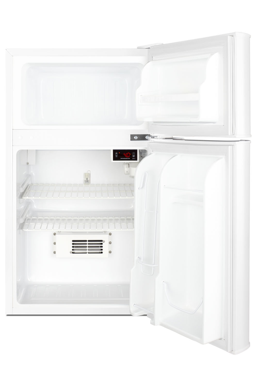 General purpose counter height 2-door refrigerator-freezer with digital refrigerator control, internal fan, and alarm/thermometer